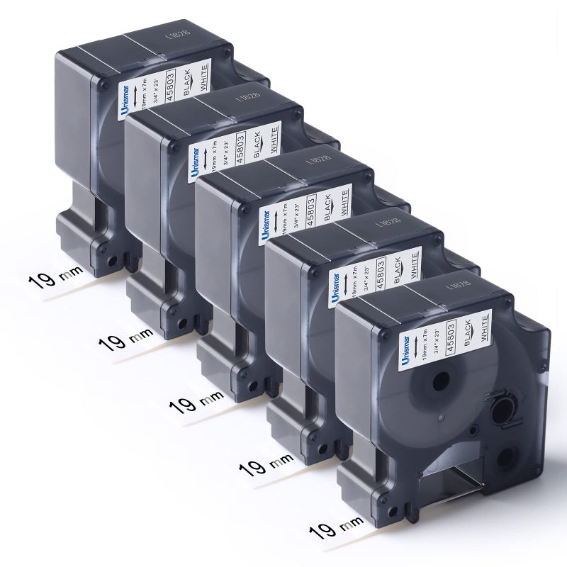 Unismar شريط ملصقات DYMO D1 متوافق 5X 19 مم 45803 S0720830 بديل لإعادة تعبئة ملصقات Dymo 3/4'' يعمل مع LabelManager 200 300 350 360D PnP 400 420P 450 450D 500TS LabelPoint 300 350، أسود على أبيض - Image 1